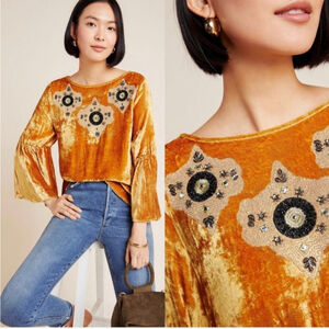 Anthropologie Seen Worn Kept Carina Beaded Velvet Blouse Women's Size 2XL